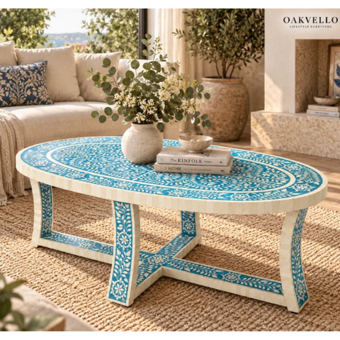 Oakvello Handcrafted Blue and White Bone Inlay Oval Coffee Table
