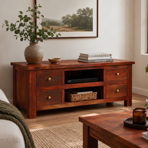 Dark Solid Wood TV Cabinet with Drawers | Media Console & Storage – Oakvello