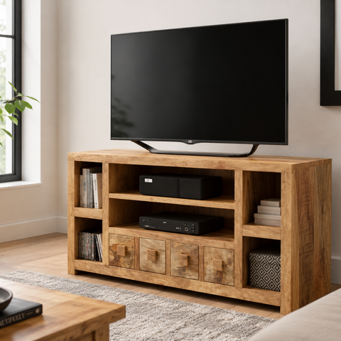 Jodhpuri Light Mango Wood Corner TV Unit | Solid Wood Media Console – Oakvello