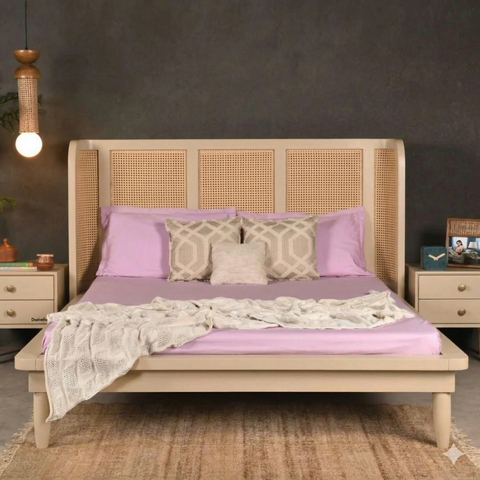 Aethel Handcrafted Teak Wood Cane Bed | Luxury Bedroom Furniture – Oakvello