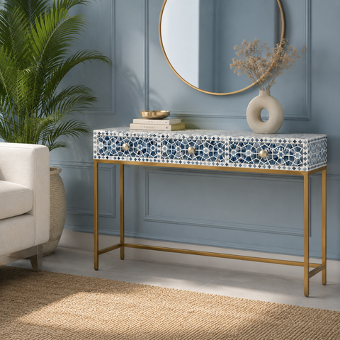 Blue Star Shell Inlay Console Table with Gold Iron Frame
