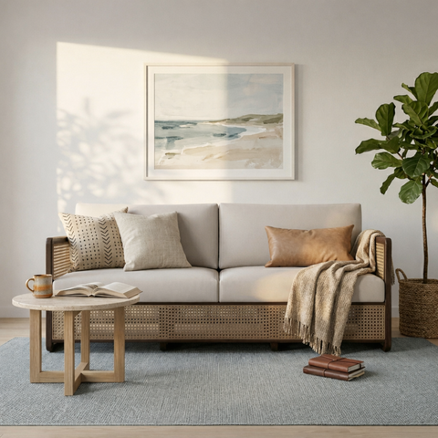 Veda Fabric Rattan Sofa | Walnut Wood Frame with Cane Weave – Oakvello