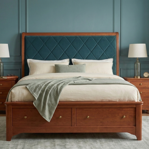 Caspian Solid Teak Wood Bed | Premium Upholstered Headboard – Oakvello