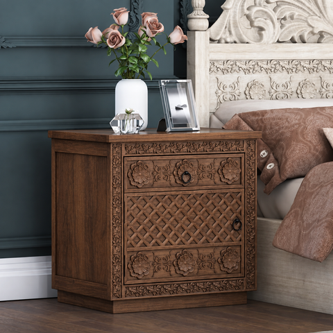 Hand Carved Solid Wood Bedside Table | Artisan Handcrafted Nightstand – Oakvello