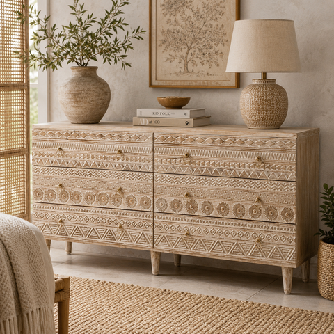 Hand Carved 6-Drawer Cabinet | Artisan Solid Wood Storage Furniture – Oakvello