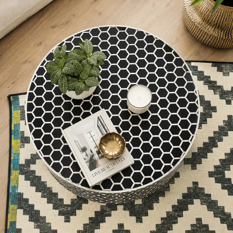 Kota Bone Inlay Round Coffee Table | Handcrafted Artisan Living Room Furniture – Oakvello