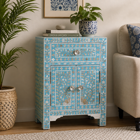 Blue Floral Mother of Pearl Bedside Table | 1 Drawer & 2 Door Bedroom Nightstand – Oakvello