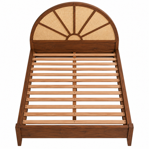 Surya Bed | Sunburst Arch Sheesham Wooden Bed | Cane Woven Headboard | King & Queen Size | Oakvello