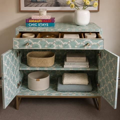 Green Shell Pattern Bone Inlay Sideboard | Handcrafted Artisan Living Room Storage – Oakvello