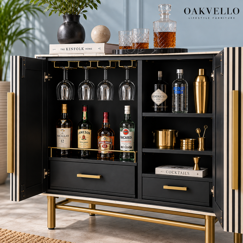 Striped Black Bone Inlay Bar Cabinet
