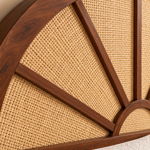 Surya Bed | Sunburst Arch Sheesham Wooden Bed | Cane Woven Headboard | King & Queen Size | Oakvello