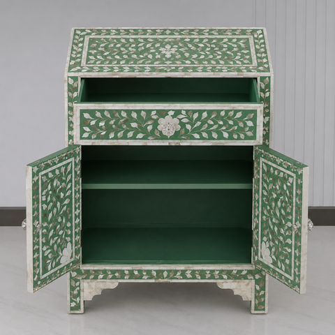 Green Floral Mother of Pearl Bedside Table | 1 Drawer & 2 Door Bedroom Nightstand – Oakvello