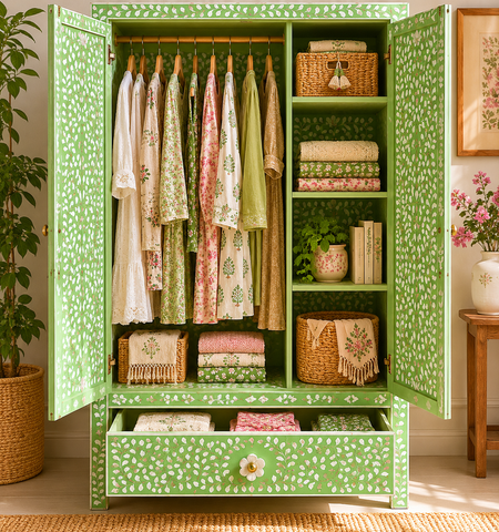 Green Mother of Pearl Armoire Wardrobe | Handcrafted Artisan Bedroom Storage – Oakvello