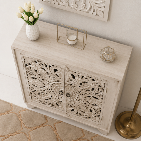 2-Door Sideboard Cabinet | White Finish Solid Wood Storage – Oakvello