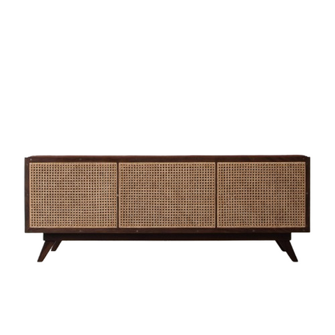 Chester Cane Sofa | Button Tufted Leather Sofa with Handcrafted Rattan Panels & Wooden Legs
