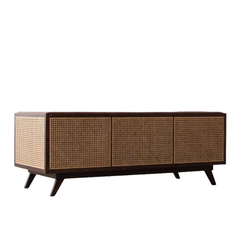 Chester Cane Sofa | Button Tufted Leather Sofa with Handcrafted Rattan Panels & Wooden Legs