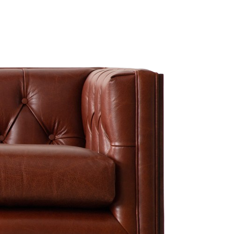 Chester Cane Sofa | Button Tufted Leather Sofa with Handcrafted Rattan Panels & Wooden Legs