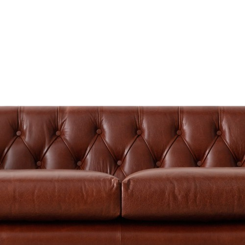 Chester Cane Sofa | Button Tufted Leather Sofa with Handcrafted Rattan Panels & Wooden Legs
