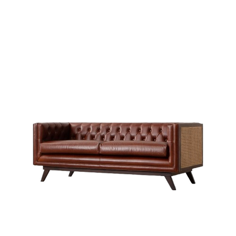 Chester Cane Sofa | Button Tufted Leather Sofa with Handcrafted Rattan Panels & Wooden Legs