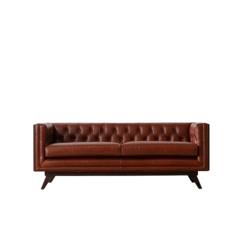 Chester Cane Sofa | Button Tufted Leather Sofa with Handcrafted Rattan Panels & Wooden Legs