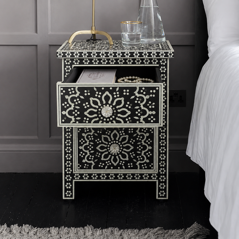 Ajmeri Black Bone Inlay Bedside Table | Handcrafted Nightstand – Oakvello