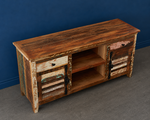 Reclaimed Boat Wood TV Multi Media Unit | Eco-Friendly Living Room Storage – Oakvello