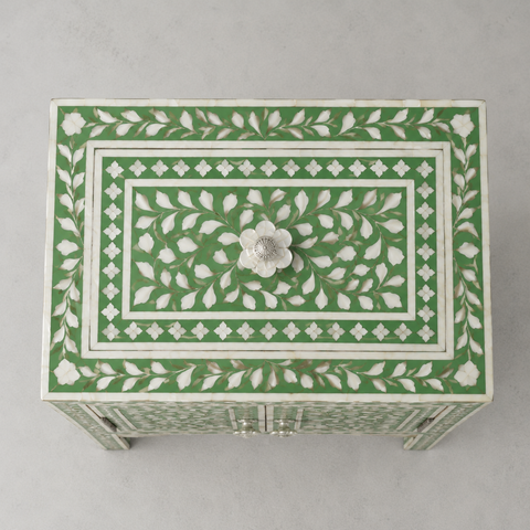 Green Floral Mother of Pearl Bedside Table | 1 Drawer & 2 Door Bedroom Nightstand – Oakvello