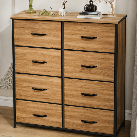 Burlywood Grain Solid Wood 8-Drawer Cabinet | Bedroom Storage Dresser – Oakvello