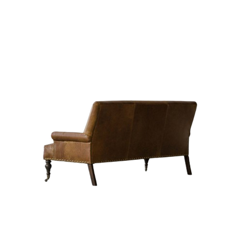 Victorian Scroll Sofa | Premium Vintage Leather Sofa with Brass Nailhead Trim & Turned Wooden Legs
