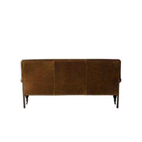Victorian Scroll Sofa | Premium Vintage Leather Sofa with Brass Nailhead Trim & Turned Wooden Legs