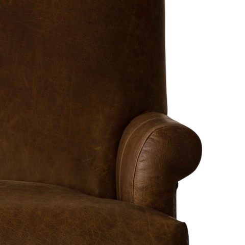 Victorian Scroll Sofa | Premium Vintage Leather Sofa with Brass Nailhead Trim & Turned Wooden Legs