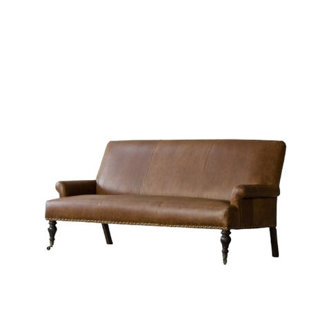 Victorian Scroll Sofa | Premium Vintage Leather Sofa with Brass Nailhead Trim & Turned Wooden Legs