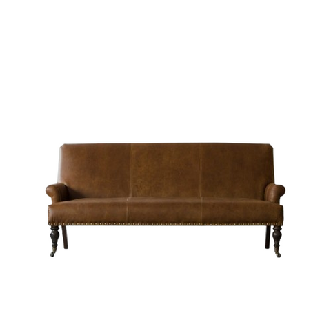 Victorian Scroll Sofa | Premium Vintage Leather Sofa with Brass Nailhead Trim & Turned Wooden Legs