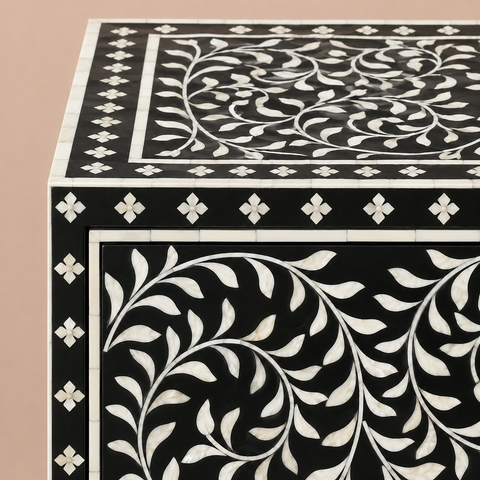 Jaipuri Black Bone Inlay Bedside Table | Handcrafted Luxury Nightstand – Oakvello