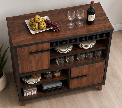 Walnut & Black Solid Wood 6-Shelf Wine Cabinet | Home Bar Storage – Oakvello