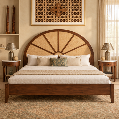 Surya Bed | Sunburst Arch Sheesham Wooden Bed | Cane Woven Headboard | King & Queen Size | Oakvello
