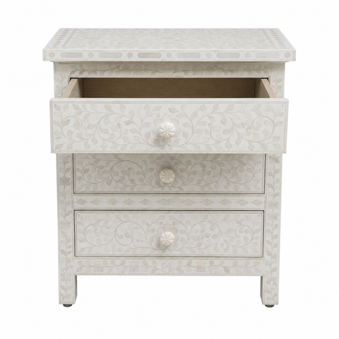 Jaipuri Floral Bone Inlay 3-Drawer Bedside Table | Artisan Nightstand – Oakvello