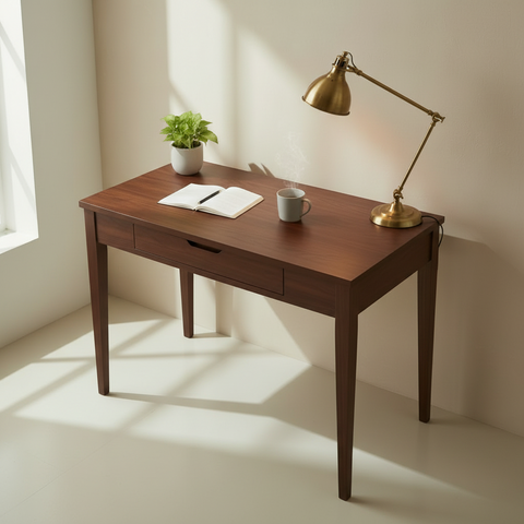 Minimalist Dark Walnut Study Table | Solid Wood Writing Desk with Drawer – Oakvello