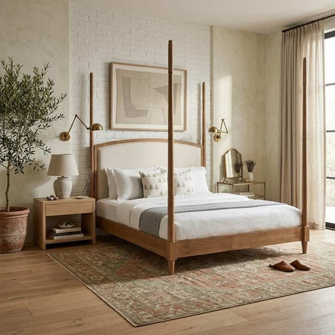 Luma Post Bed | Natural Oak Four Poster Wooden Bed | Linen Upholstered Headboard | King & Queen | Oakvello