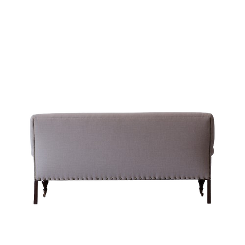 Carlton Nail Fabric Sofa | Grey Deep Seat | Brass Nailhead Trim, Scroll Arms & Ornate Turned Legs