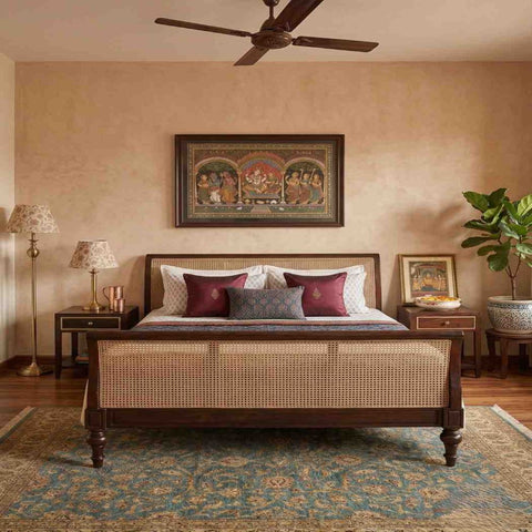 Kora Cane Wooden Bed | Sheesham Wood | Hand-Woven Cane Headboard & Footboard | King & Queen Size | Oakvello