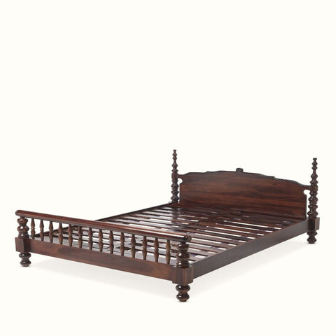Colonna Wooden Bed | Sheesham Wood | Hand-Turned Spindle Posts & Carved Headboard | King & Queen Size | Oakvello