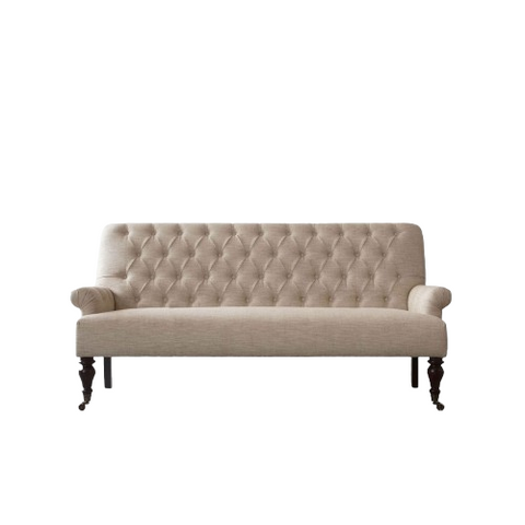 Ivory Caster Sofa | Fabric Sofa with Hand-Tufted Quilted Back, Brass Caster Wheels & Solid Wood Frame