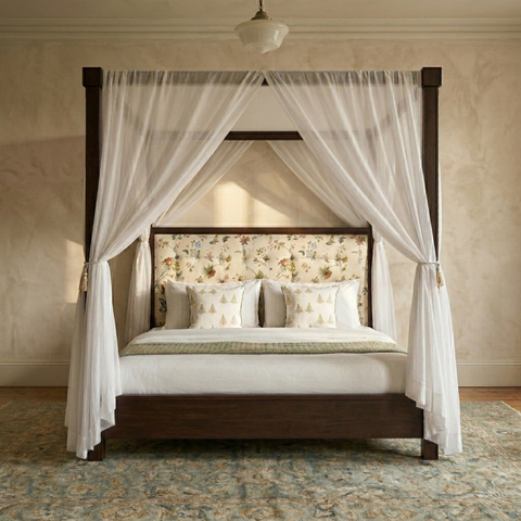Botanica Canopy Bed | Floral Upholstered Four Poster Wooden Bed | King & Queen Size | Oakvello