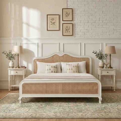 Cabriole Cane Bed | White French Provincial Wooden Bed | Cane Headboard & Footboard | King & Queen | Oakvello
