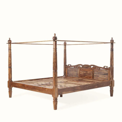 Spiral Post Sheesham Wood Bed | Hand-Carved Four Poster Canopy Bed | King & Queen Size