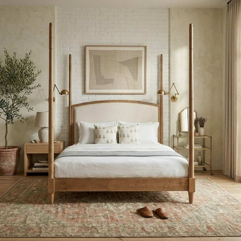 Luma Post Bed | Natural Oak Four Poster Wooden Bed | Linen Upholstered Headboard | King & Queen | Oakvello