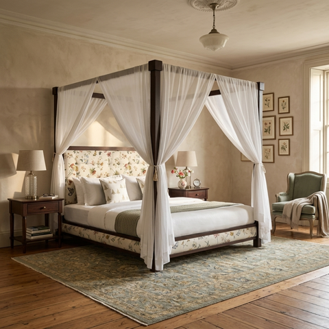 Botanica Canopy Bed | Floral Upholstered Four Poster Wooden Bed | King & Queen Size | Oakvello
