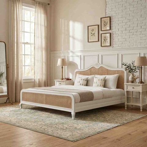 Cabriole Cane Bed | White French Provincial Wooden Bed | Cane Headboard & Footboard | King & Queen | Oakvello