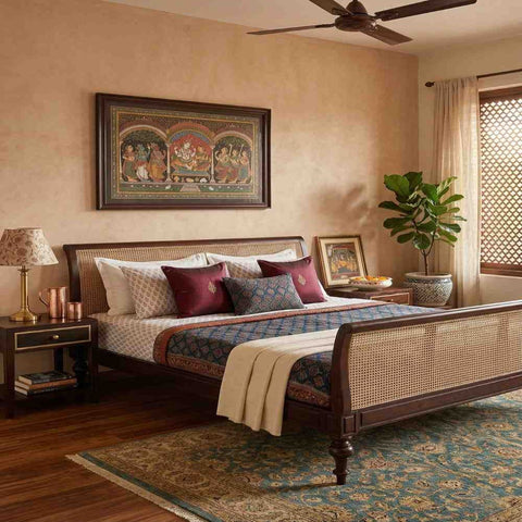 Kora Cane Wooden Bed | Sheesham Wood | Hand-Woven Cane Headboard & Footboard | King & Queen Size | Oakvello